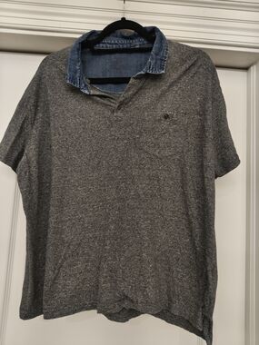 Vintage Y2K Primark Men's Gray Polo with Blue Denim-Style Collar
